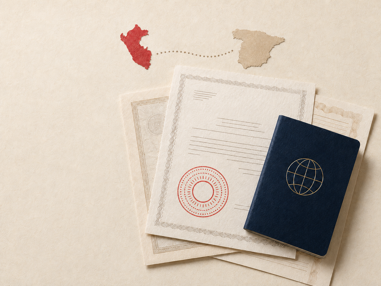 Composición de documentos, libreta y ruta visual entre Perú y España